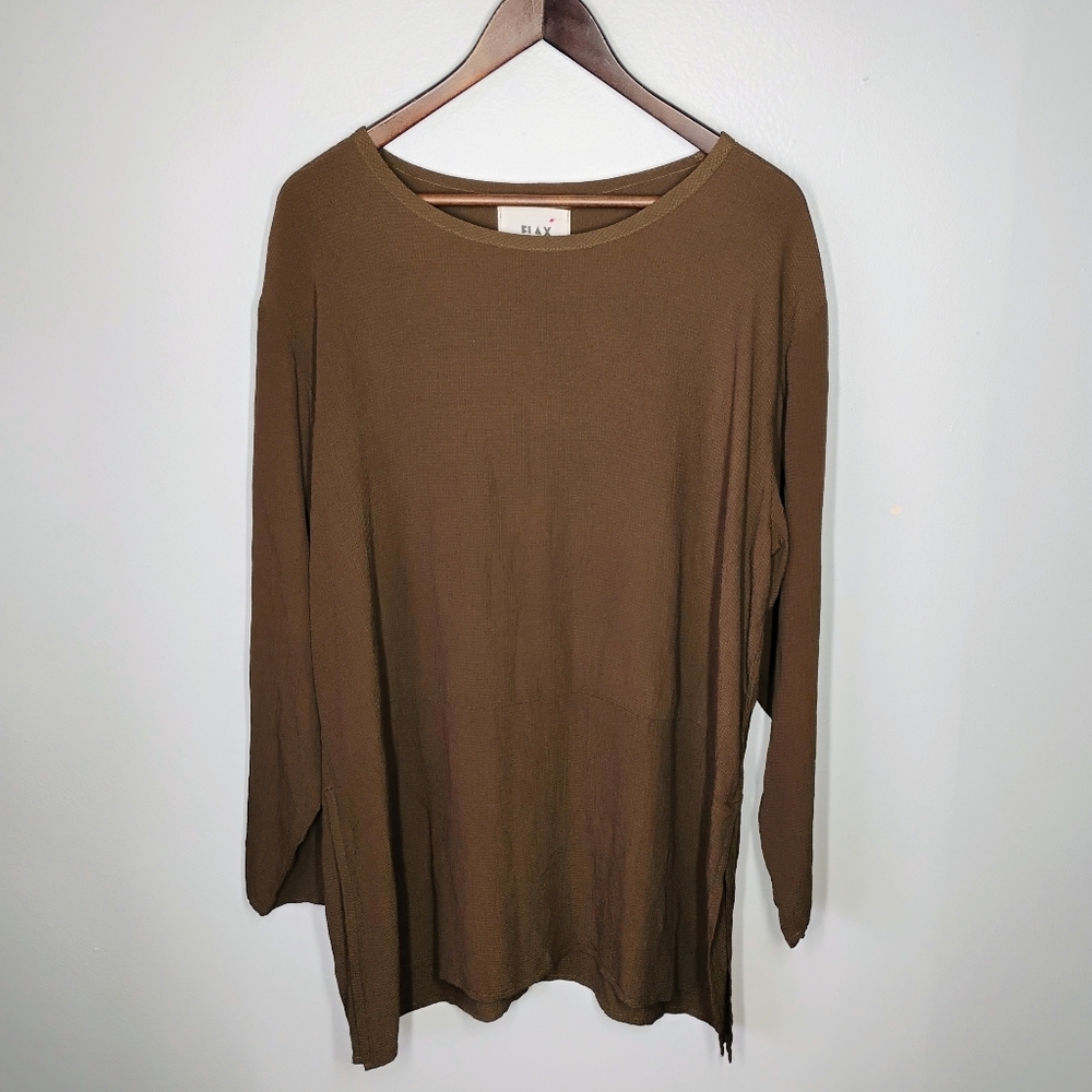 Flax Brown‎ Long Line Tunic Top Rayon Lagenlook Artsy Oversized Size Small